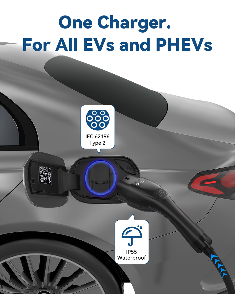 Electric Vehicle Charger (3 kW, Type 2, UK 3-Pin Plug) – Portable Charger with Adjustable Current & Delay Start, Compatible with EV and Plug-in Hybrid - RamTouch EV Chargers - Smart Electric Vehicle Charging Solutions