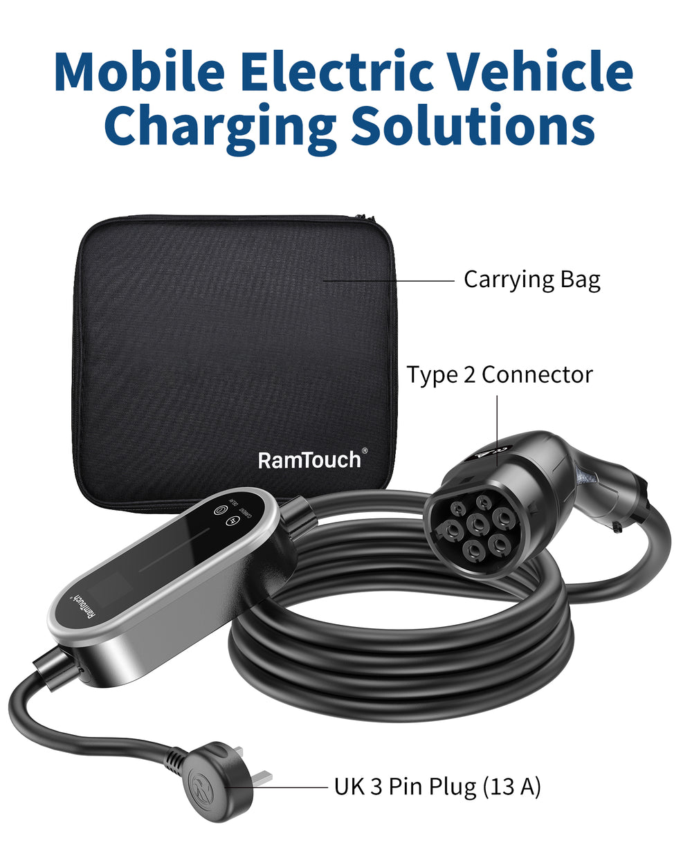Electric Vehicle Charger (3 kW, Type 2, UK 3-Pin Plug) – Portable Charger with Adjustable Current & Delay Start, Compatible with EV and Plug-in Hybrid - RamTouch EV Chargers - Smart Electric Vehicle Charging Solutions